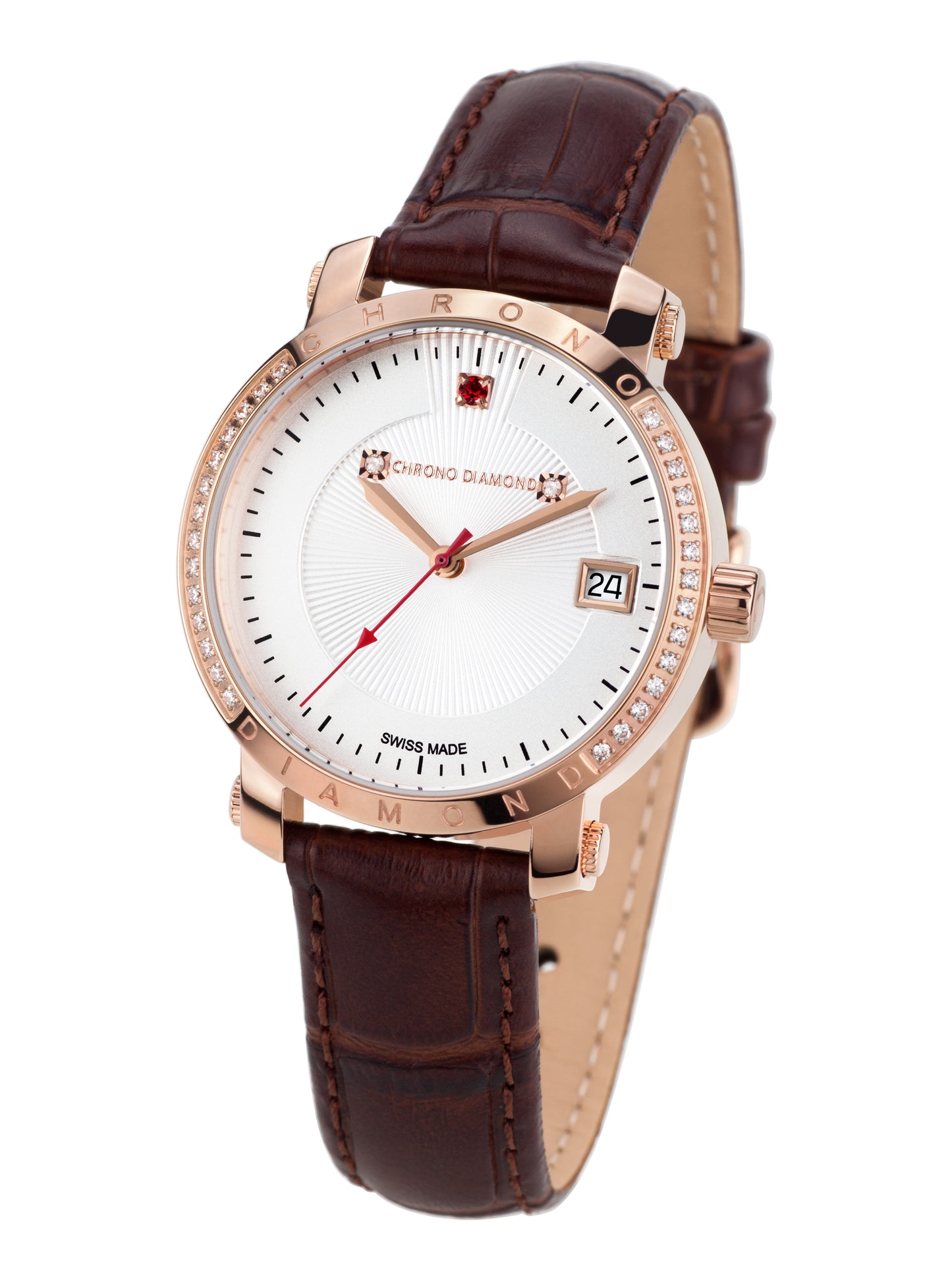 Automatic watches — Nesta — Chrono Diamond — rosegold IP silver leather brown red stone