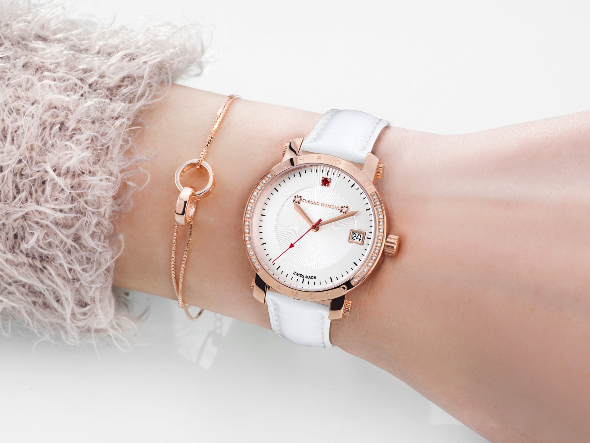 Automatic watches — Nesta — Chrono Diamond — rosegold IP silver leather white red stone
