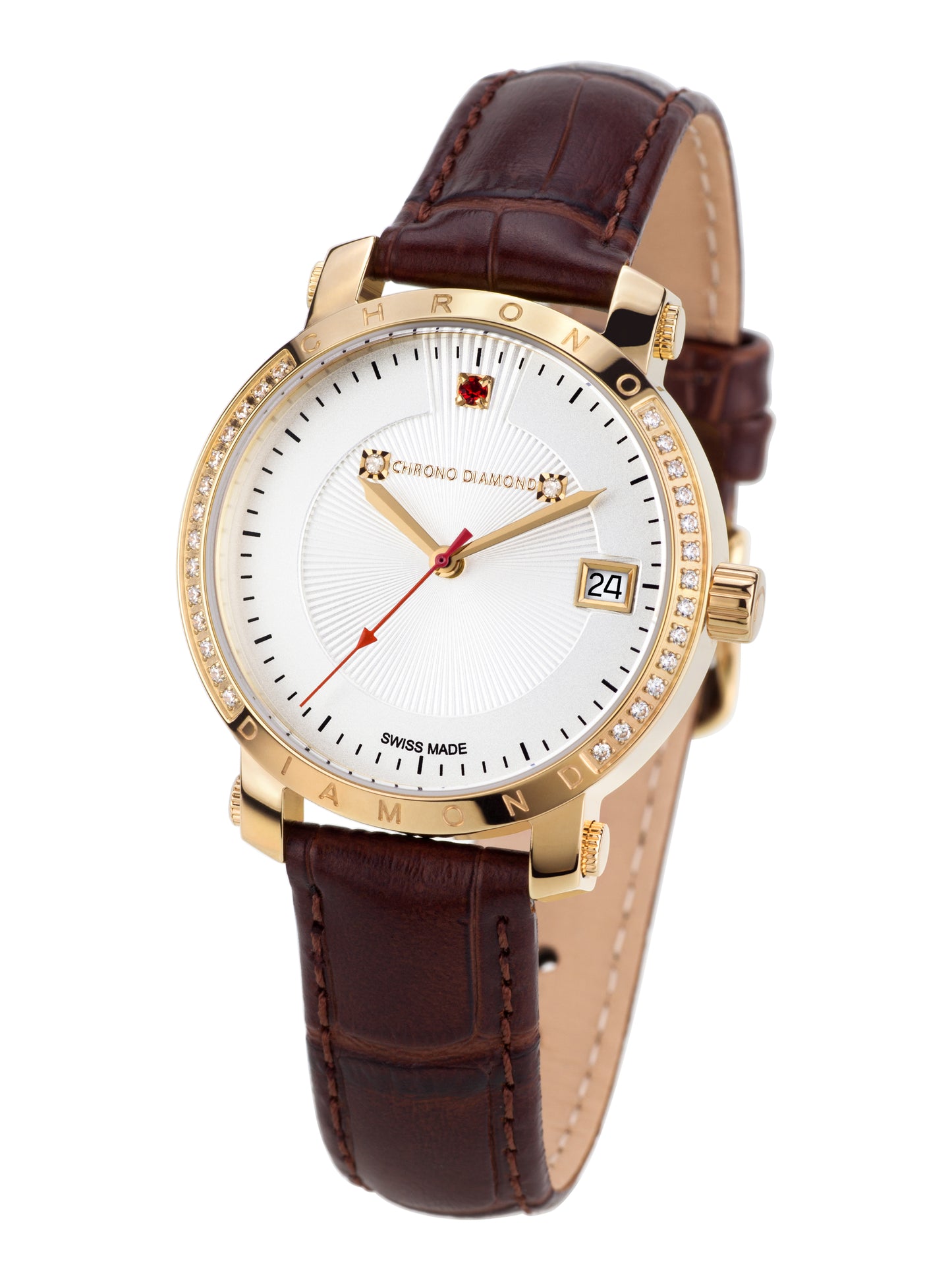 Automatic watches — Nesta — Chrono Diamond — gold IP silver leather red stone