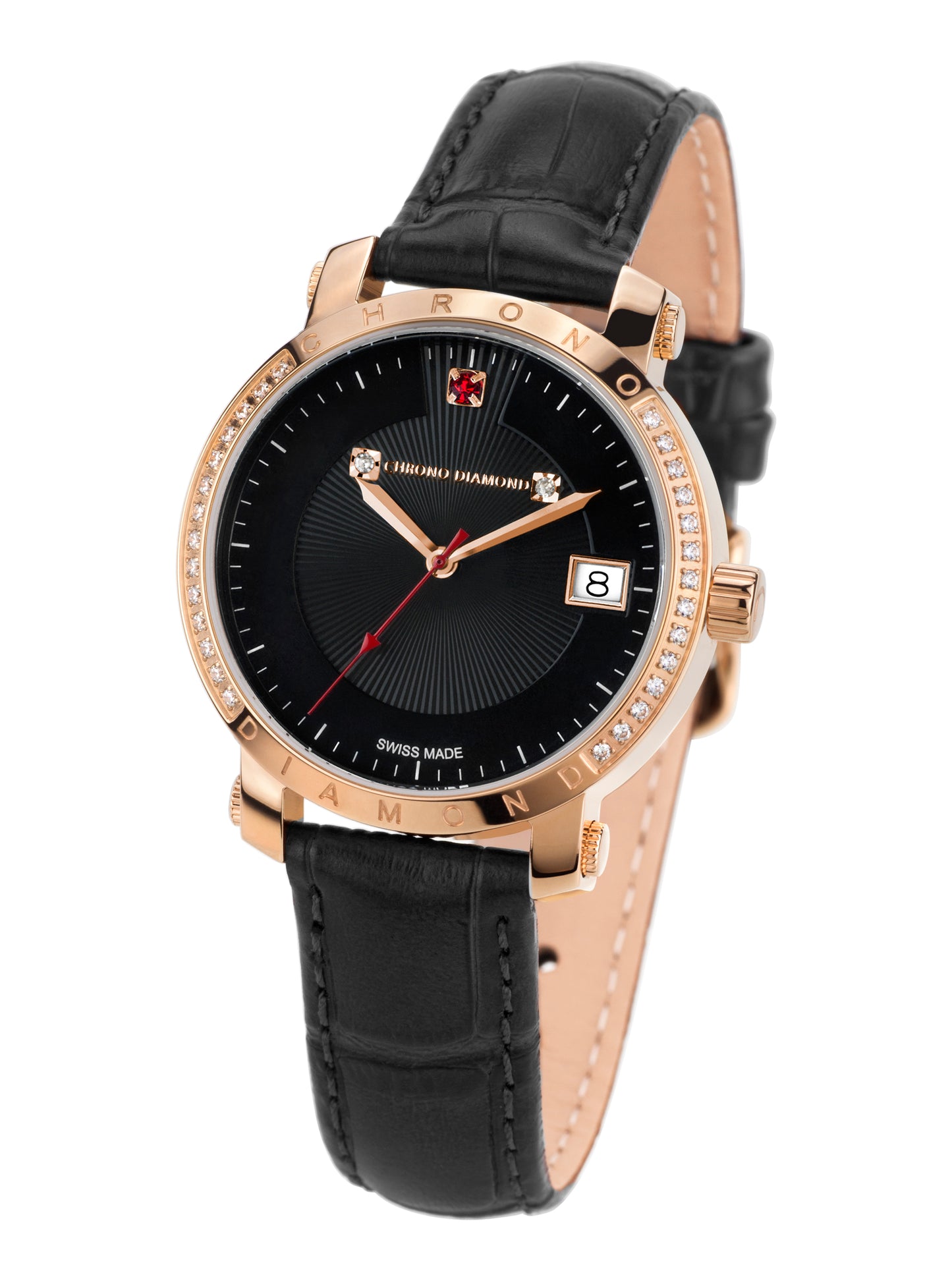 Automatic watches — Nesta — Chrono Diamond — rosegold IP black leather red stone